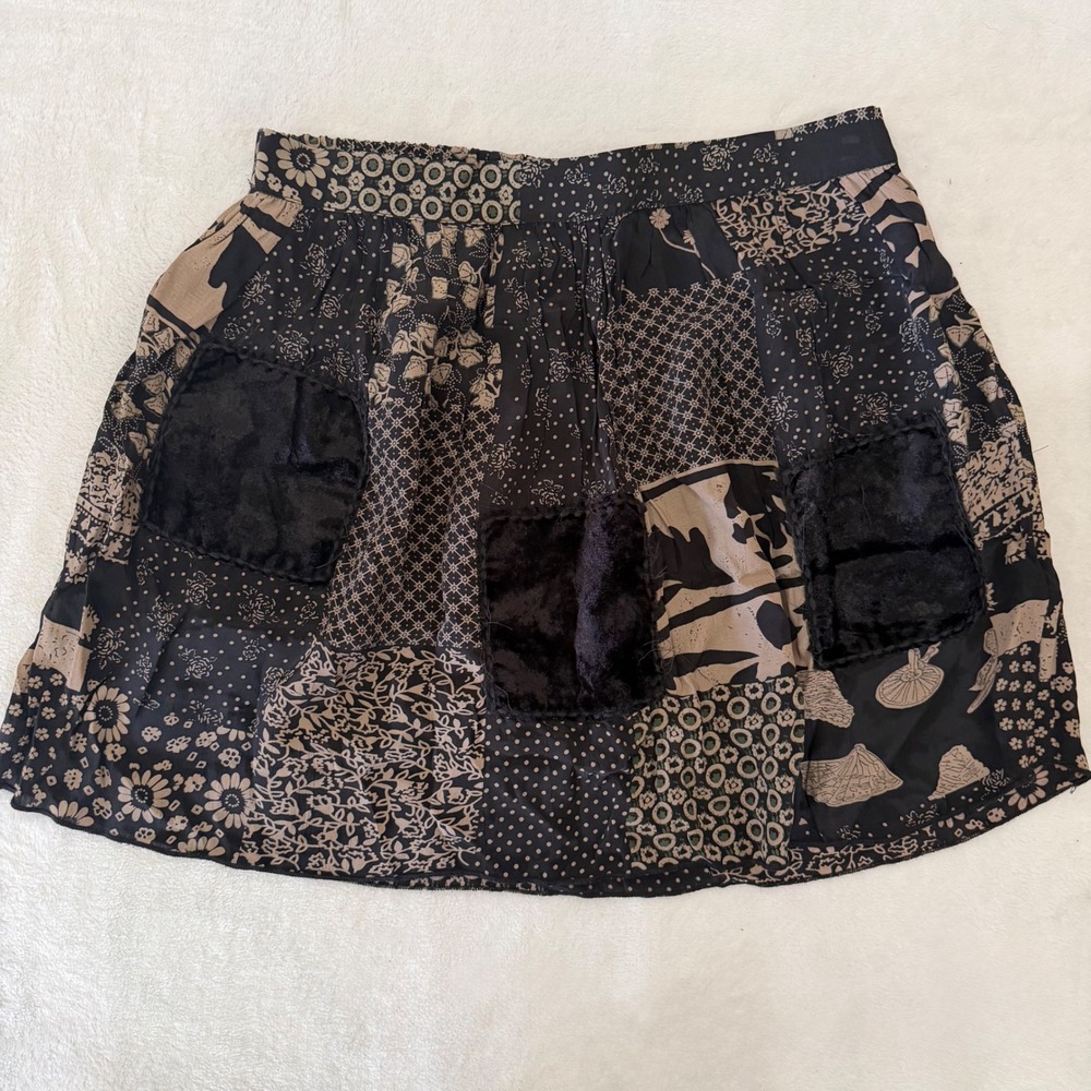 Urban Outfitters Patchwork Mini Skirt Black Tan Floral Velvet Fuzzy XS S